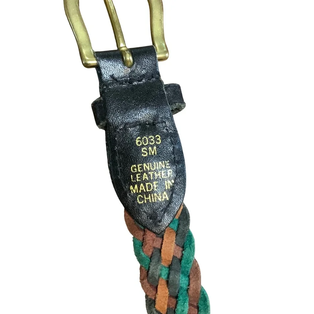 Vtg Multicolor Braided Leather Belt Women Small‎ Brass Buckle Woven Adjustable